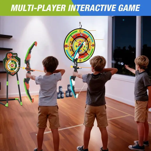 Alt view image 2 of 7 - 2 Pack Kids Bow and Arrow with 29" Large Dart Board, LED Light Up Archery Set with 24 Suction Cup Arrows, Indoor Outdoor Sport Toys Gifts for 3 4 5 6 7 8 9 10 11 12 Year Old Boys Girls