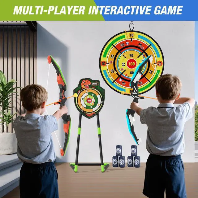 Alt view image 5 of 7 - 2 Pack Kids Bow and Arrow with 29" Large Dart Board, LED Light Up Archery Set with 24 Suction Cup Arrows, Indoor Outdoor Sport Toys Gifts for 3 4 5 6 7 8 9 10 11 12 Year Old Boys Girls
