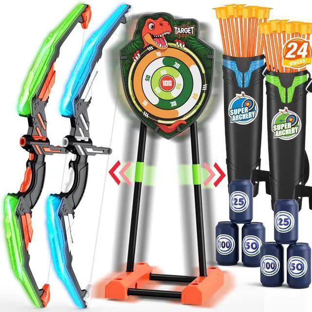 Main image of 2 Pack Bow and Arrow with Moving Target for Kids, LED Light Up Archery Set with 24 Suction Cup Arrows, 6 Score Targets & 2 Quiver, Indoor Outdoor Sport Gifts for Boys Girls Ages 4-12
