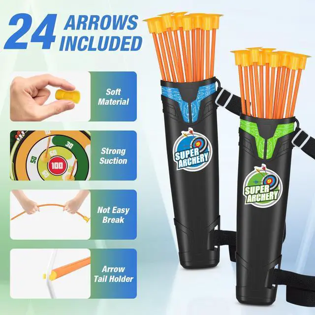 Alt view image 5 of 7 - 2 Pack Bow and Arrow with Moving Target for Kids, LED Light Up Archery Set with 24 Suction Cup Arrows, 6 Score Targets & 2 Quiver, Indoor Outdoor Sport Gifts for Boys Girls Ages 4-12