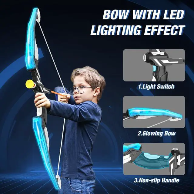 Alt view image 4 of 7 - 2 Pack Bow and Arrow with Moving Target for Kids, LED Light Up Archery Set with 24 Suction Cup Arrows, 6 Score Targets & 2 Quiver, Indoor Outdoor Sport Gifts for Boys Girls Ages 4-12
