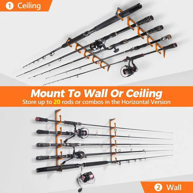 Alt view image 4 of 7 - H5 Horizontal Fishing Rod/Pole Holders for Garage, Wall Ceiling Mounted Fishing Rod Holder, Aviation Aluminum Fishing rod rack Holds up to 5/10/20 Rod or Combos Fishing Gear and Gifts for Men