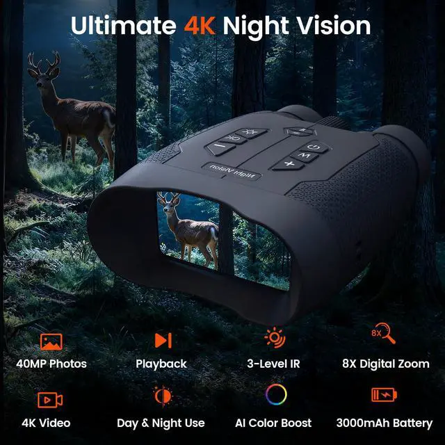 Alt view image 2 of 7 - Night Vision Goggles for Adults - 4K Night Vision Binoculars with AI Color Boost Mode, Photo & Video Recording, Rechargeable Battery for Wildlife Observation, Camping & Security