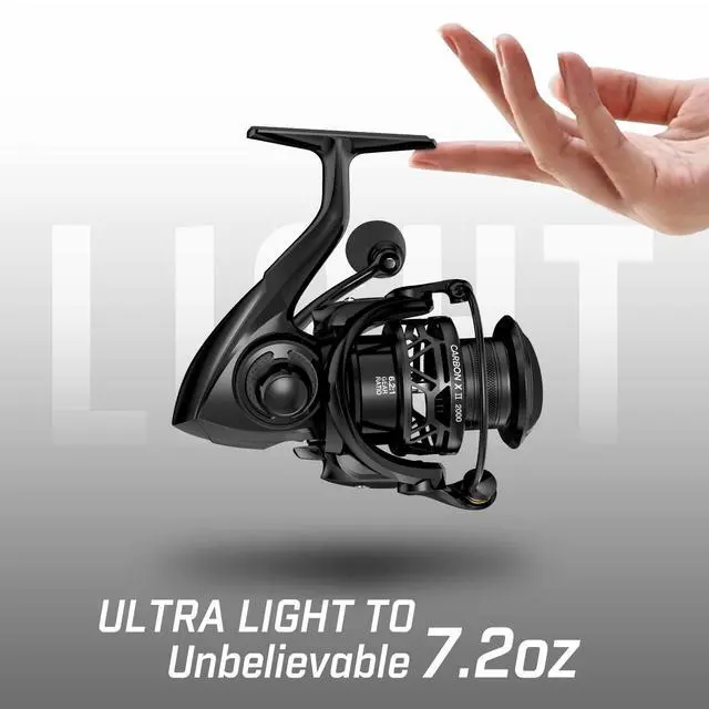 Alt view image 2 of 7 - Carbon X II Ultralight Spinning Reel, Light to 5.5oz | 10+1 BB, upgraded carbon frame rotor, 22lb Max Drag, 5.5oz lightweight design, smooth freshwater fishing performance