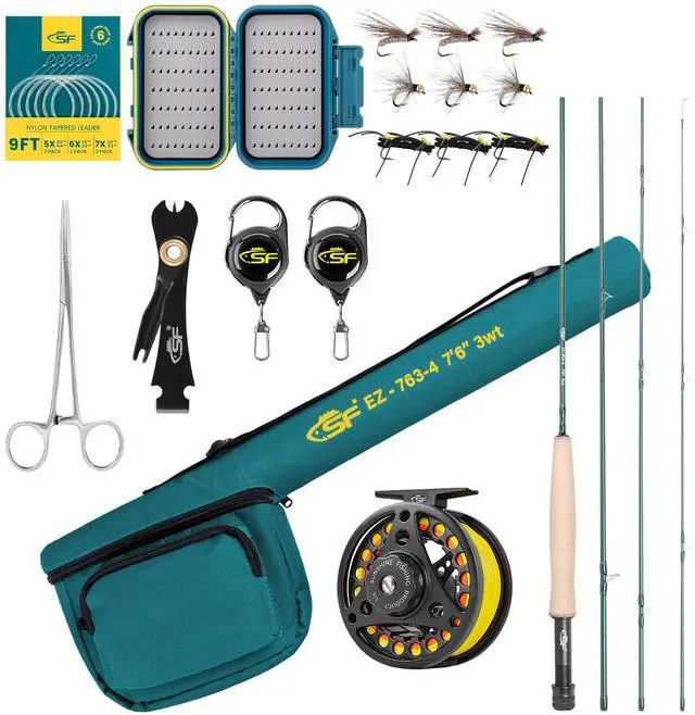 Main image of Fly Fishing Rod Combo Starter Kit Semi Gloss Green Jade Finish 24T Carbon Fiber Trout Travel Fly Rod with Reel,Fly Rod case,Fly Box, Flies,Tapered Leader,Knot Tying Tools
