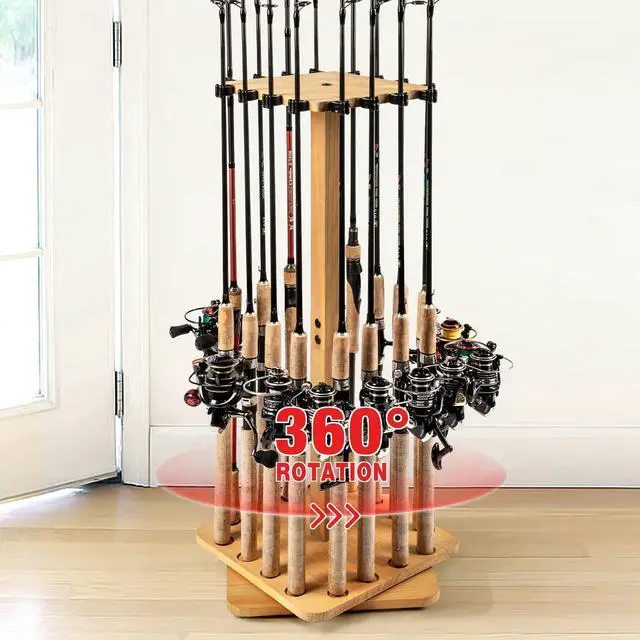 Main image of Fishing Rod Holders for Garage 360 Degree Rotating Fishing Pole Rack, Floor Stand Holds up to 16 Rods Wood Fishing Gear Equipment Storage Organizer, Fishing Gifts for Men Women