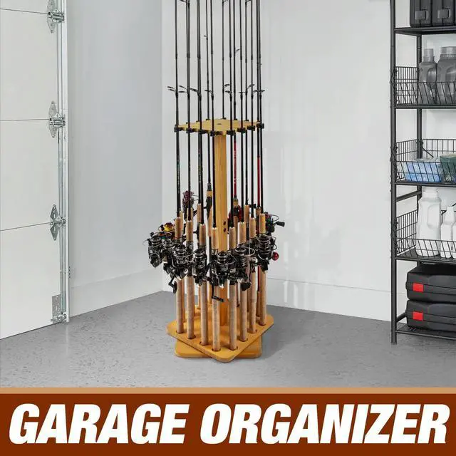 Alt view image 5 of 6 - Fishing Rod Holders for Garage 360 Degree Rotating Fishing Pole Rack, Floor Stand Holds up to 16 Rods Wood Fishing Gear Equipment Storage Organizer, Fishing Gifts for Men Women