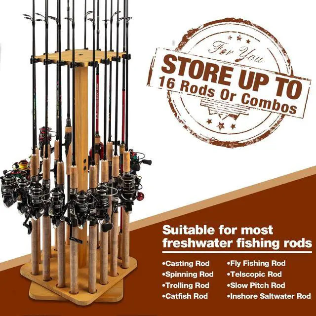Alt view image 3 of 6 - Fishing Rod Holders for Garage 360 Degree Rotating Fishing Pole Rack, Floor Stand Holds up to 16 Rods Wood Fishing Gear Equipment Storage Organizer, Fishing Gifts for Men Women