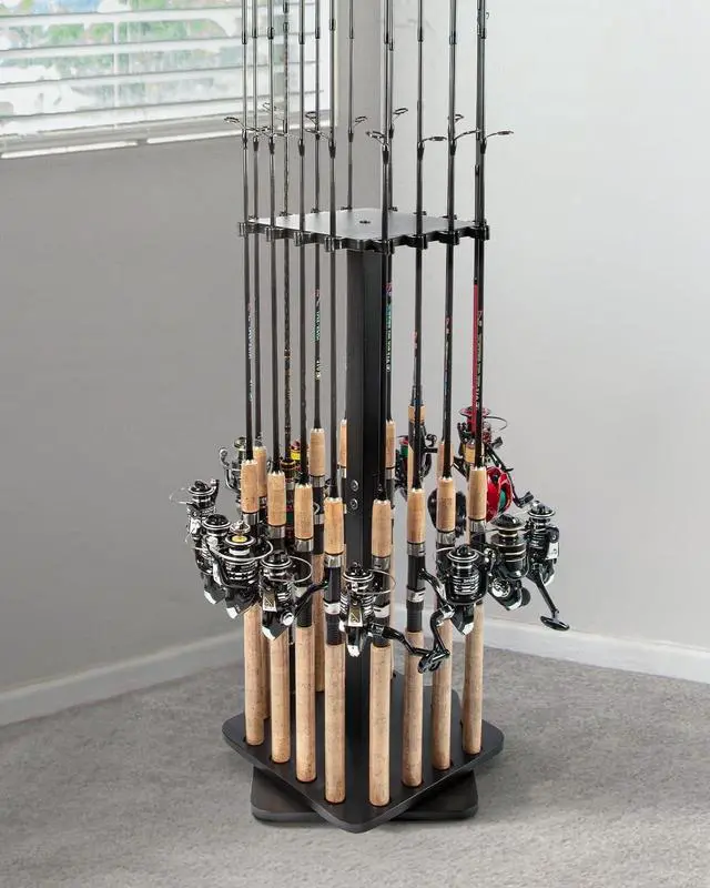 Alt view image 2 of 7 - Fishing Rod Holders for Garage 360 Degree Rotating Fishing Pole Rack, Floor Stand Holds up to 16 Rods Wood Fishing Gear Equipment Storage Organizer, Fishing Gifts for Men Women