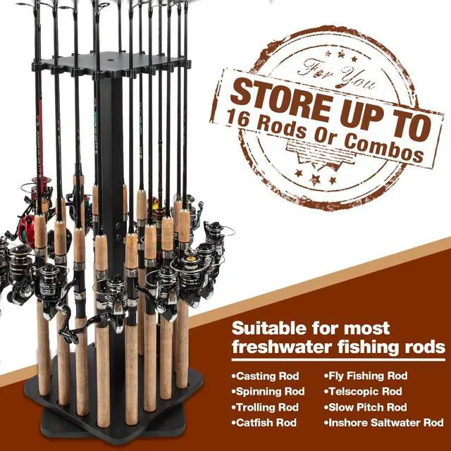 Alt view image 4 of 7 - Fishing Rod Holders for Garage 360 Degree Rotating Fishing Pole Rack, Floor Stand Holds up to 16 Rods Wood Fishing Gear Equipment Storage Organizer, Fishing Gifts for Men Women