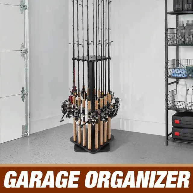 Alt view image 6 of 7 - Fishing Rod Holders for Garage 360 Degree Rotating Fishing Pole Rack, Floor Stand Holds up to 16 Rods Wood Fishing Gear Equipment Storage Organizer, Fishing Gifts for Men Women