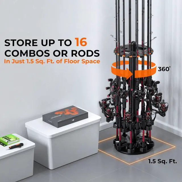 Alt view image 2 of 7 - V16 Rotating Fishing Rod Holder for Garage, Floor Rack Holds Up to 16 Rods & Combos, Space-Saving Pole Organizer with Foam, Durable ABS, Fishing Gear Storage Gift for Men