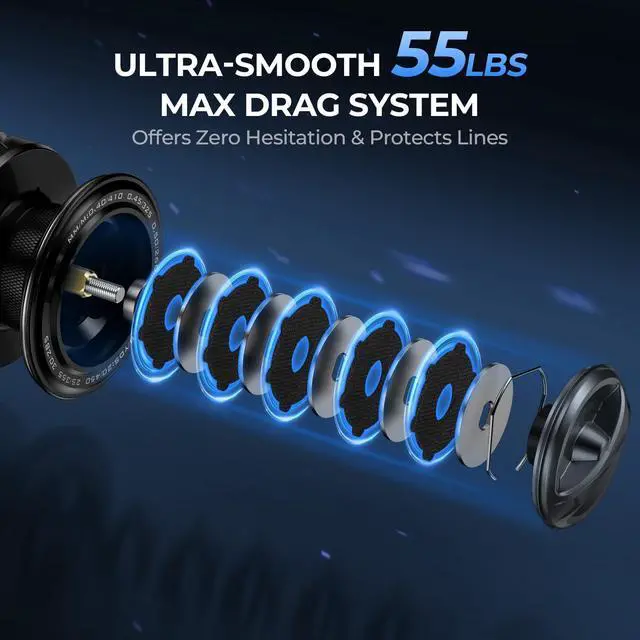 Alt view image 3 of 7 - ReKon Saltwater Spinning Fishing Reel Up to 55LBs Max Drag Big Game Fishing Reel - Innovative NyliTech Body- Water Resistant - MaxiDur 5+1+1 Corrosion-Resistance Bearing System