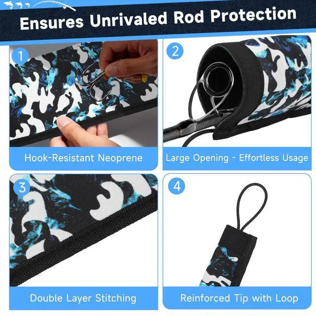 Alt view image 4 of 7 - Neoprene Fishing Rod Sleeves for Casting, Spinning, Trolling Pole - Protective Cover Rod Sock with Hanging Loop & Lanyard- Floating, Puncture Resistant, Lightproof
