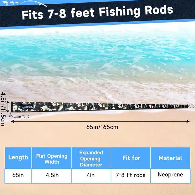 Alt view image 3 of 7 - Neoprene Fishing Rod Sleeves for Casting, Spinning, Trolling Pole - Protective Cover Rod Sock with Hanging Loop & Lanyard- Floating, Puncture Resistant, Lightproof