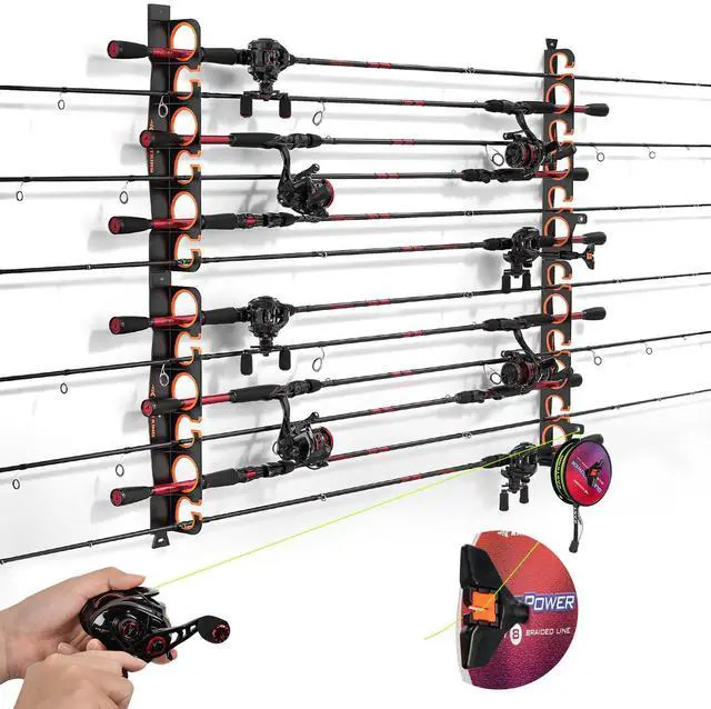 Main image of SafeGuard LS Horizontal Fishing Rod Rack with Line Spooler Wall or Ceiling Mount, Holds 12 Rods & Combos, No-Twist Fishing Rod Holder with Spooler & Cutter (Spinning & Baitcasting)
