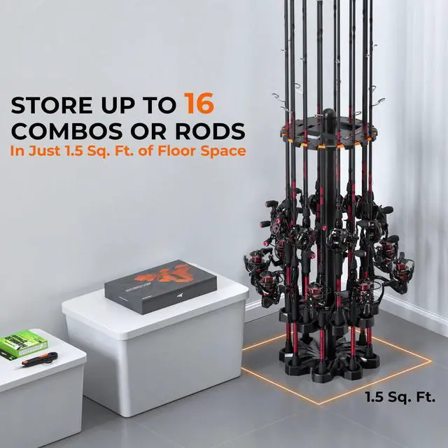 Alt view image 2 of 7 - V16 Fishing Rod Holder for Garage, Floor Rack Holds Up to 16 Rods & Combos, Space-Saving Fishing Pole Organizer with Protective Foam, Durable ABS, Fishing Gear & Accessories Gift for Men