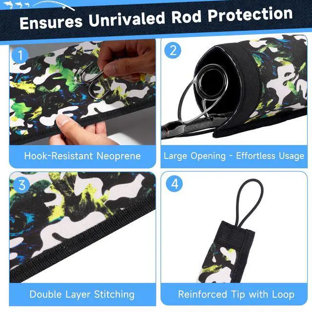 Alt view image 4 of 7 - Neoprene Fishing Rod Sleeves for Casting, Spinning, Trolling Pole - Protective Cover Rod Sock with Hanging Loop & Lanyard- Floating, Puncture Resistant, Lightproof