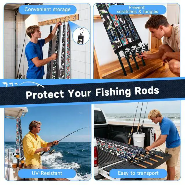 Alt view image 5 of 7 - Neoprene Fishing Rod Sleeves for Casting, Spinning, Trolling Pole - Protective Cover Rod Sock with Hanging Loop & Lanyard- Floating, Puncture Resistant, Lightproof