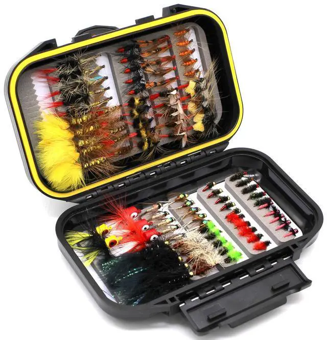 Main image of Fly Fishing Flies Assortment Kit Dry Wet Nyphms Tenkara Popper Streamer Woolly Bugger for Trout Bass Salmon Steelhead with Fly Box