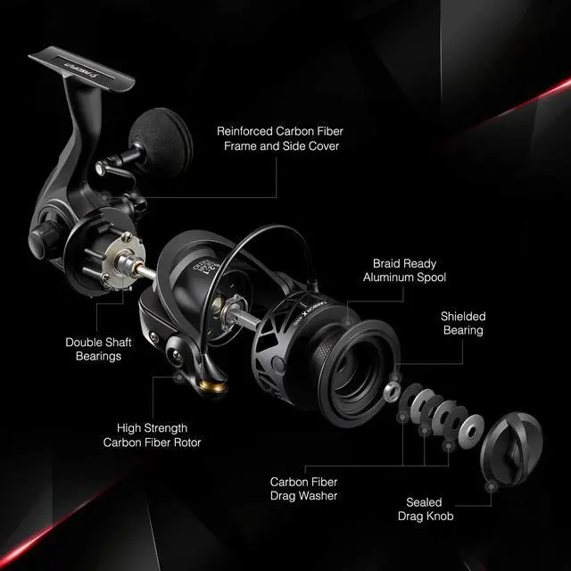 Alt view image 4 of 7 - Carbon X Ultralight Spinning Reel, Carbon Frame, 33lb Max Drag | 10+1 shielded bearings, smooth retrieve, two handle styles by size, balanced for freshwater bass and trout fishing, 500-4000