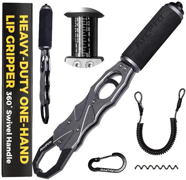 Main image of 2-in-1 Fish Lip Gripper, One-Finger Operation Aluminum Alloy Fish Gripper with Scale, 60lb Weighing Fish Grabber for Large Fish, 360° Swivel Handle, Corrosion-Resistant for Saltwater & Freshwater