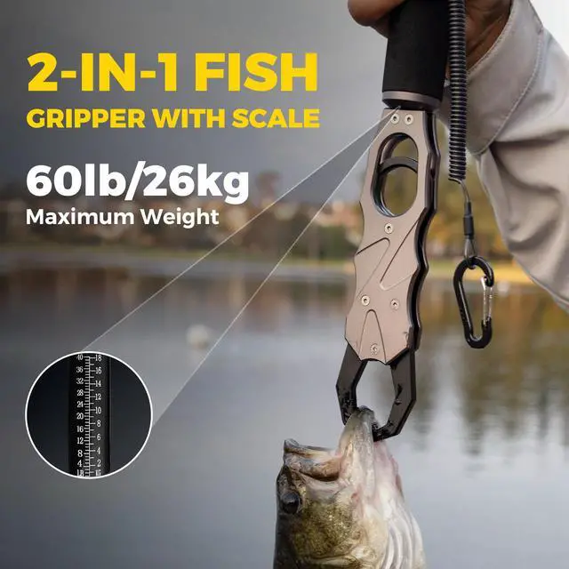 Alt view image 2 of 7 - 2-in-1 Fish Lip Gripper, One-Finger Operation Aluminum Alloy Fish Gripper with Scale, 60lb Weighing Fish Grabber for Large Fish, 360° Swivel Handle, Corrosion-Resistant for Saltwater & Freshwater