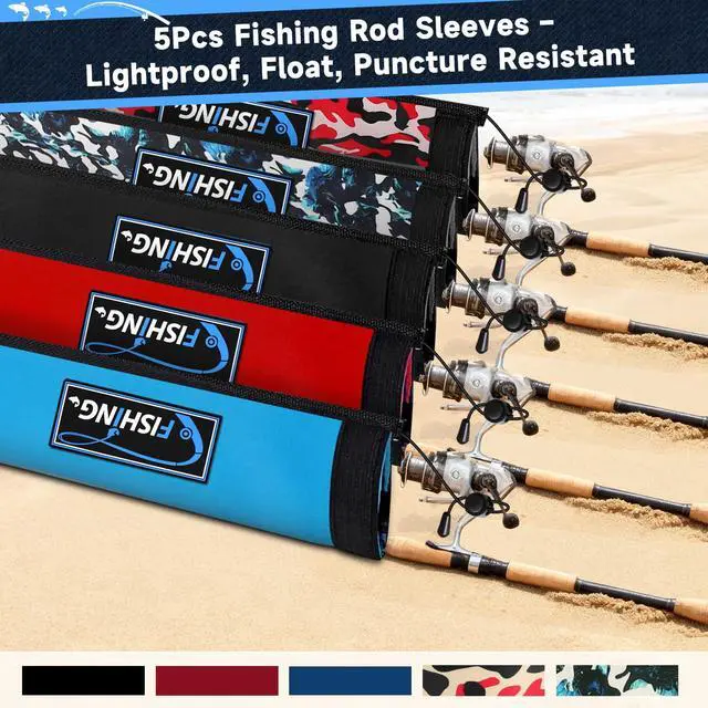 Alt view image 2 of 7 - Neoprene Fishing Rod Sleeves for Casting, Spinning, Trolling Pole - Protective Cover Rod Sock with Hanging Loop & Lanyard- Floating, Puncture Resistant, Lightproof