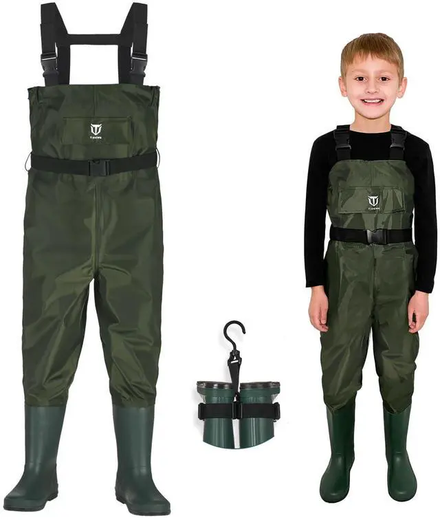 Main image of Chest Kids Waders, Waterproof Lightweight for Fishing Hunting | PVC Youth Waders for Toddler Children, Safety Bootfoot Waders with Non-Slip Rubber Boots & Boot Hanger