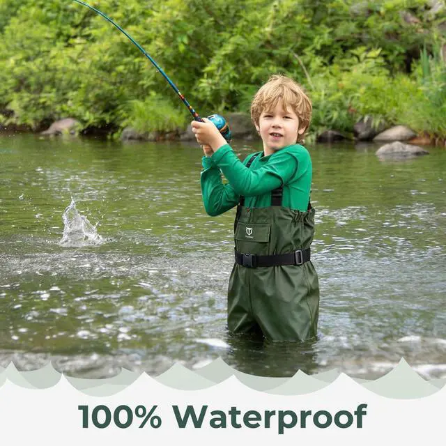 Alt view image 2 of 6 - Chest Kids Waders, Waterproof Lightweight for Fishing Hunting | PVC Youth Waders for Toddler Children, Safety Bootfoot Waders with Non-Slip Rubber Boots & Boot Hanger