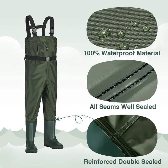 Alt view image 3 of 6 - Chest Kids Waders, Waterproof Lightweight for Fishing Hunting | PVC Youth Waders for Toddler Children, Safety Bootfoot Waders with Non-Slip Rubber Boots & Boot Hanger