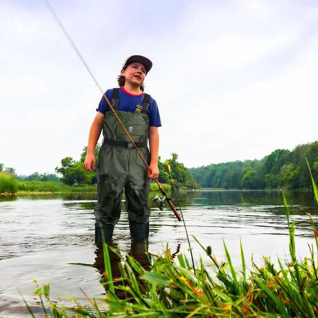 Alt view image 5 of 6 - Chest Kids Waders, Waterproof Lightweight for Fishing Hunting | PVC Youth Waders for Toddler Children, Safety Bootfoot Waders with Non-Slip Rubber Boots & Boot Hanger
