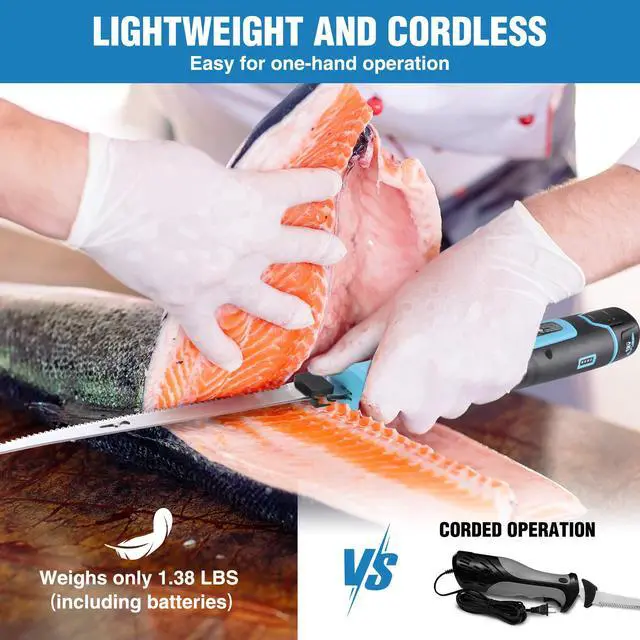 Alt view image 2 of 7 - Cordless Electric Fillet Knife for Fish with 8" and 10" Stainless Steel Blades, 12V Rechargeable Electric Knife with Non-Slip Handle, 2 Packs Long Lasting Lithium-ion Battery, Portable Carry Case