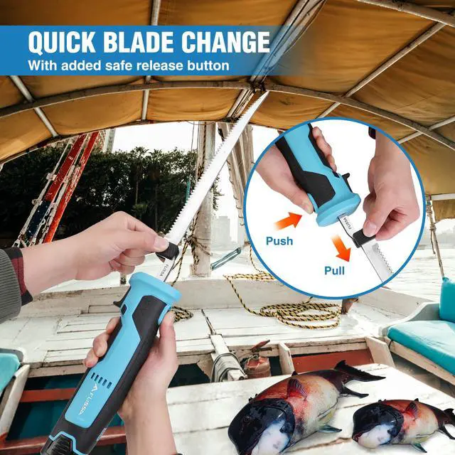 Alt view image 3 of 7 - Cordless Electric Fillet Knife for Fish with 8" and 10" Stainless Steel Blades, 12V Rechargeable Electric Knife with Non-Slip Handle, 2 Packs Long Lasting Lithium-ion Battery, Portable Carry Case