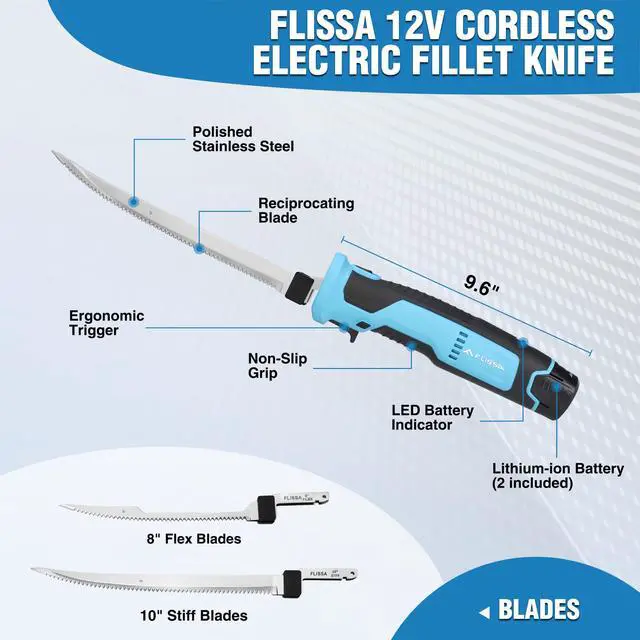 Alt view image 5 of 7 - Cordless Electric Fillet Knife for Fish with 8" and 10" Stainless Steel Blades, 12V Rechargeable Electric Knife with Non-Slip Handle, 2 Packs Long Lasting Lithium-ion Battery, Portable Carry Case