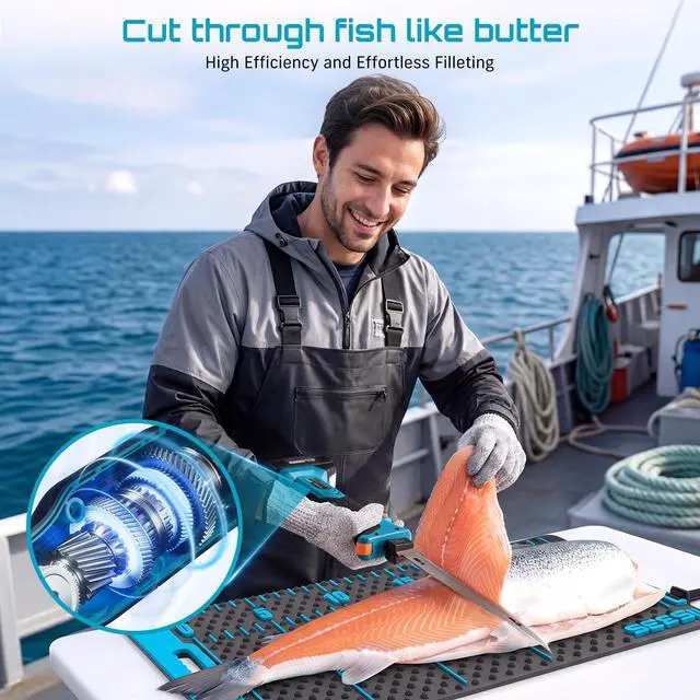 Alt view image 2 of 7 - Cordless Electric Fillet Knife with 4 Blades, 100 Mins High Speed Filet Knife for Fish, Ergonomic Non-Slip Grip, Safty Lock, Carry Bag Kit for Filleting and Meat Slicing