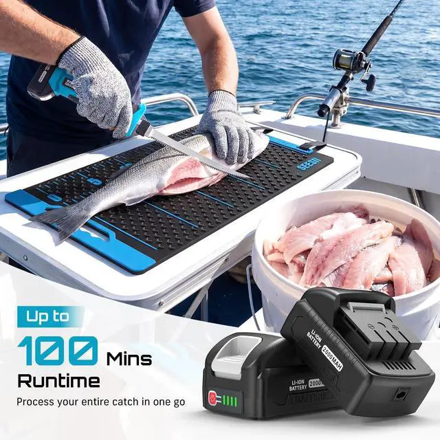 Alt view image 4 of 7 - Cordless Electric Fillet Knife with 4 Blades, 100 Mins High Speed Filet Knife for Fish, Ergonomic Non-Slip Grip, Safty Lock, Carry Bag Kit for Filleting and Meat Slicing