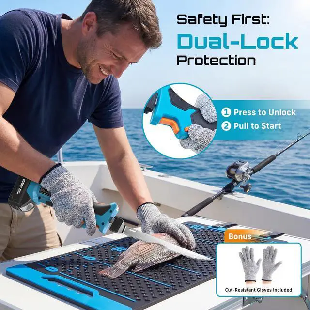 Alt view image 5 of 7 - Cordless Electric Fillet Knife with 4 Blades, 100 Mins High Speed Filet Knife for Fish, Ergonomic Non-Slip Grip, Safty Lock, Carry Bag Kit for Filleting and Meat Slicing