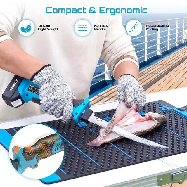 Alt view image 6 of 7 - Cordless Electric Fillet Knife with 4 Blades, 100 Mins High Speed Filet Knife for Fish, Ergonomic Non-Slip Grip, Safty Lock, Carry Bag Kit for Filleting and Meat Slicing