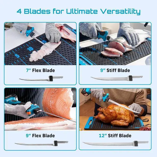 Alt view image 3 of 7 - Cordless Electric Fillet Knife with 4 Blades, 100 Mins High Speed Filet Knife for Fish, Ergonomic Non-Slip Grip, Safty Lock, Carry Bag Kit for Filleting and Meat Slicing