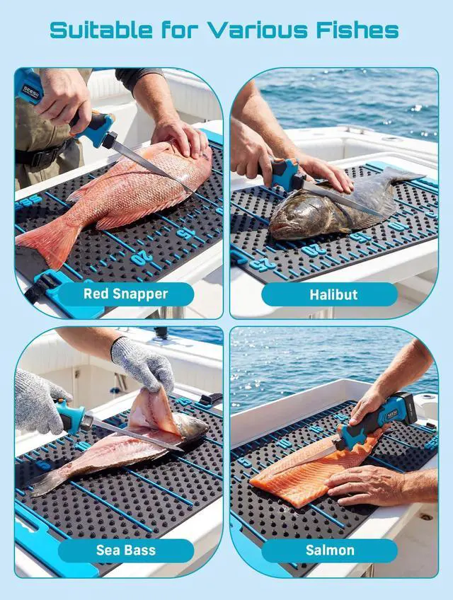 Alt view image 7 of 7 - Cordless Electric Fillet Knife with 4 Blades, 100 Mins High Speed Filet Knife for Fish, Ergonomic Non-Slip Grip, Safty Lock, Carry Bag Kit for Filleting and Meat Slicing