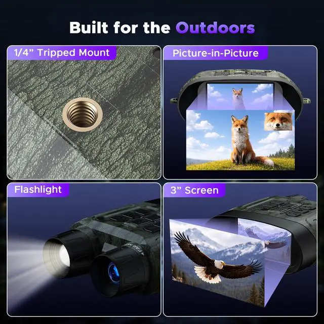 Alt view image 5 of 6 - Night Vision Goggles, 4K Night Vision Binoculars, 112MP Infrared Binoculars, 12X Digital Zoom 5000mAh Rechargeable Battery with 64GB Card, External Flashlight 1500ft View Range Tech Gadgets Telescope