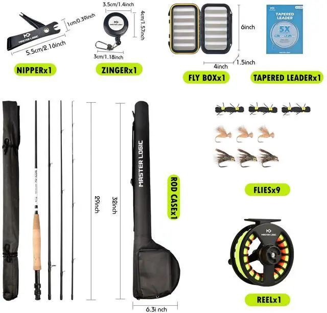 Alt view image 6 of 7 - Fly Fishing Rod and Reel Combo Starter Kit, Graphite Fly Rod with Cork Handle, Die Cast Aluminum Reel, Fly Box Case & Fishing Flies and Carrying Case and Accessories