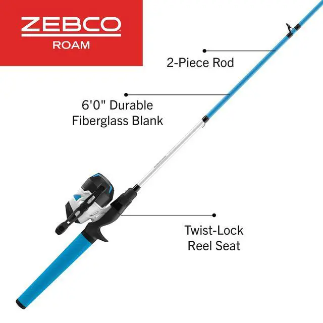 Alt view image 2 of 7 - Roam Spincast Reel and Fishing Rod Combo, 6-Foot 2-Piece Fiberglass Fishing Pole with ComfortGrip Handle, Quickset Anti-Reverse Fishing Reel, Pre-Spooled with 10-Pound Line