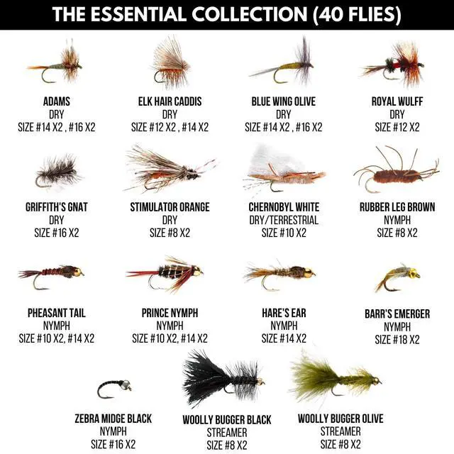 Alt view image 2 of 6 - 40 Premium Hand Tied Fly Fishing Flies Assortment | Fly Box Included | Dry, Wet, Nymphs, Streamers, Wooly Buggers, Terrestrials | Trout, Bass Lure Set, Kit