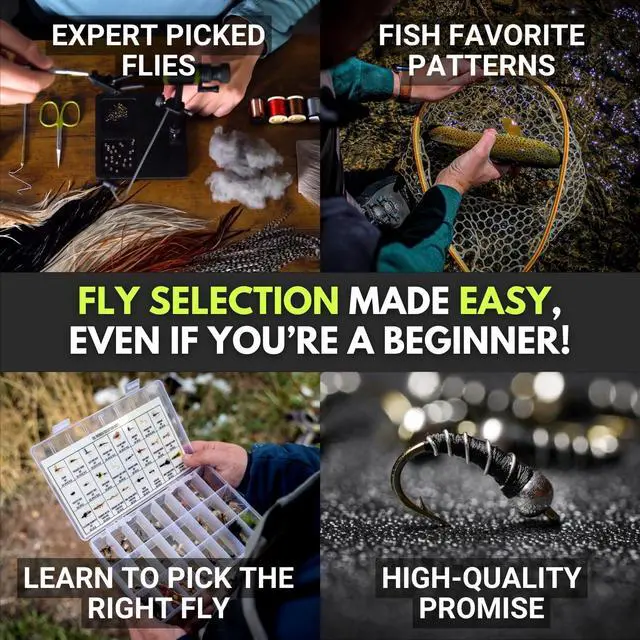 Alt view image 4 of 6 - 40 Premium Hand Tied Fly Fishing Flies Assortment | Fly Box Included | Dry, Wet, Nymphs, Streamers, Wooly Buggers, Terrestrials | Trout, Bass Lure Set, Kit