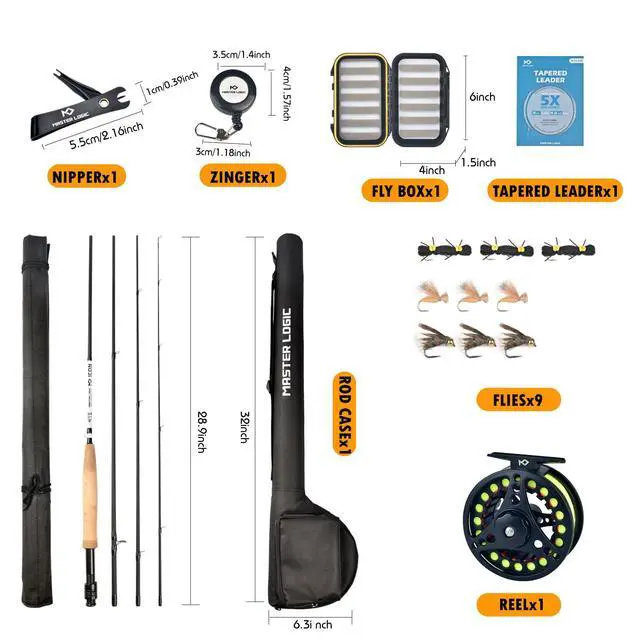 Alt view image 7 of 7 - Fly Fishing Rod and Reel Combo Starter Kit, Graphite Fly Rod with Cork Handle, Die Cast Aluminum Reel, Fly Box Case & Fishing Flies and Carrying Case and Accessories