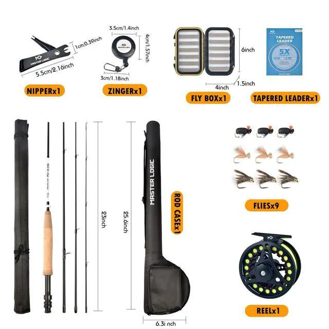 Alt view image 6 of 7 - Fly Fishing Rod and Reel Combo Starter Kit, Graphite Fly Rod with Cork Handle, Die Cast Aluminum Reel, Fly Box Case & Fishing Flies and Carrying Case and Accessories