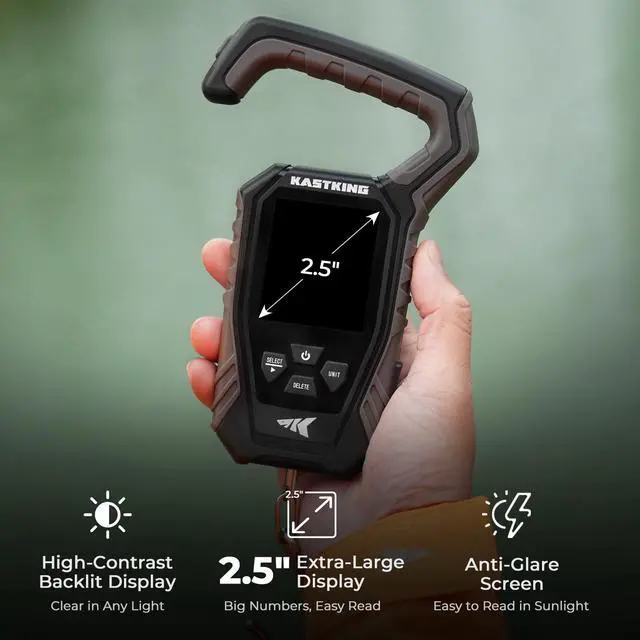 Alt view image 2 of 7 - Weighmaster Mechanical-Digital Fishing Scale with Lip Gripper, 120 lb Capacity, 2.5" Backlit Display, High-Precision Sensor, 9 Weight Memory, Temperature Detection, IPX6 Waterproof
