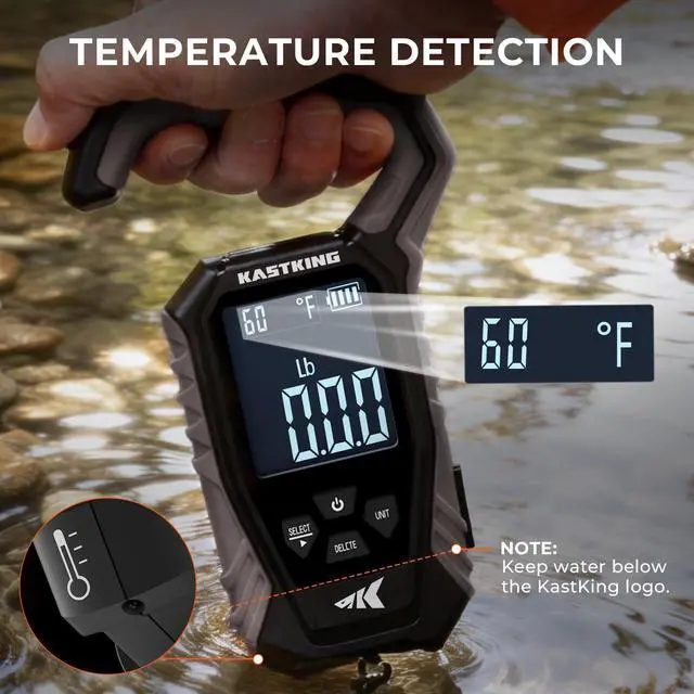 Alt view image 3 of 7 - Weighmaster Mechanical-Digital Fishing Scale with Lip Gripper, 120 lb Capacity, 2.5" Backlit Display, High-Precision Sensor, 9 Weight Memory, Temperature Detection, IPX6 Waterproof